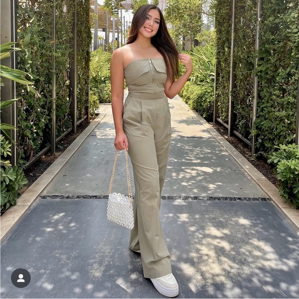 Zara NWT pale olive green zipper front foldover strapless bandeau tube jumpsuit - Picture 8 of 17